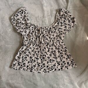 Black and White Smocked Puff Sleeve Blouse